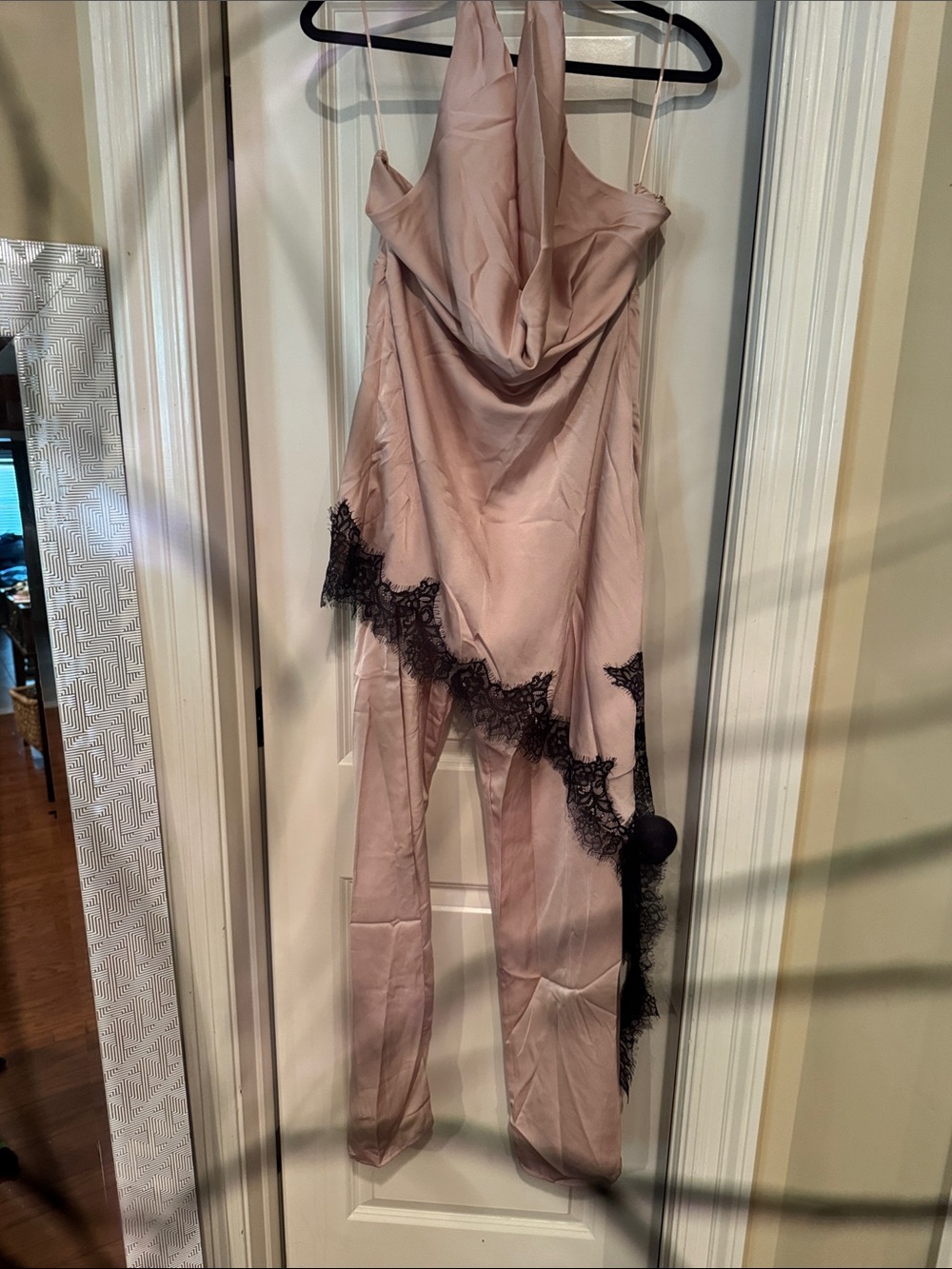 Fashion Nova Blush Pink Satin Jumpsuit with Black Lace